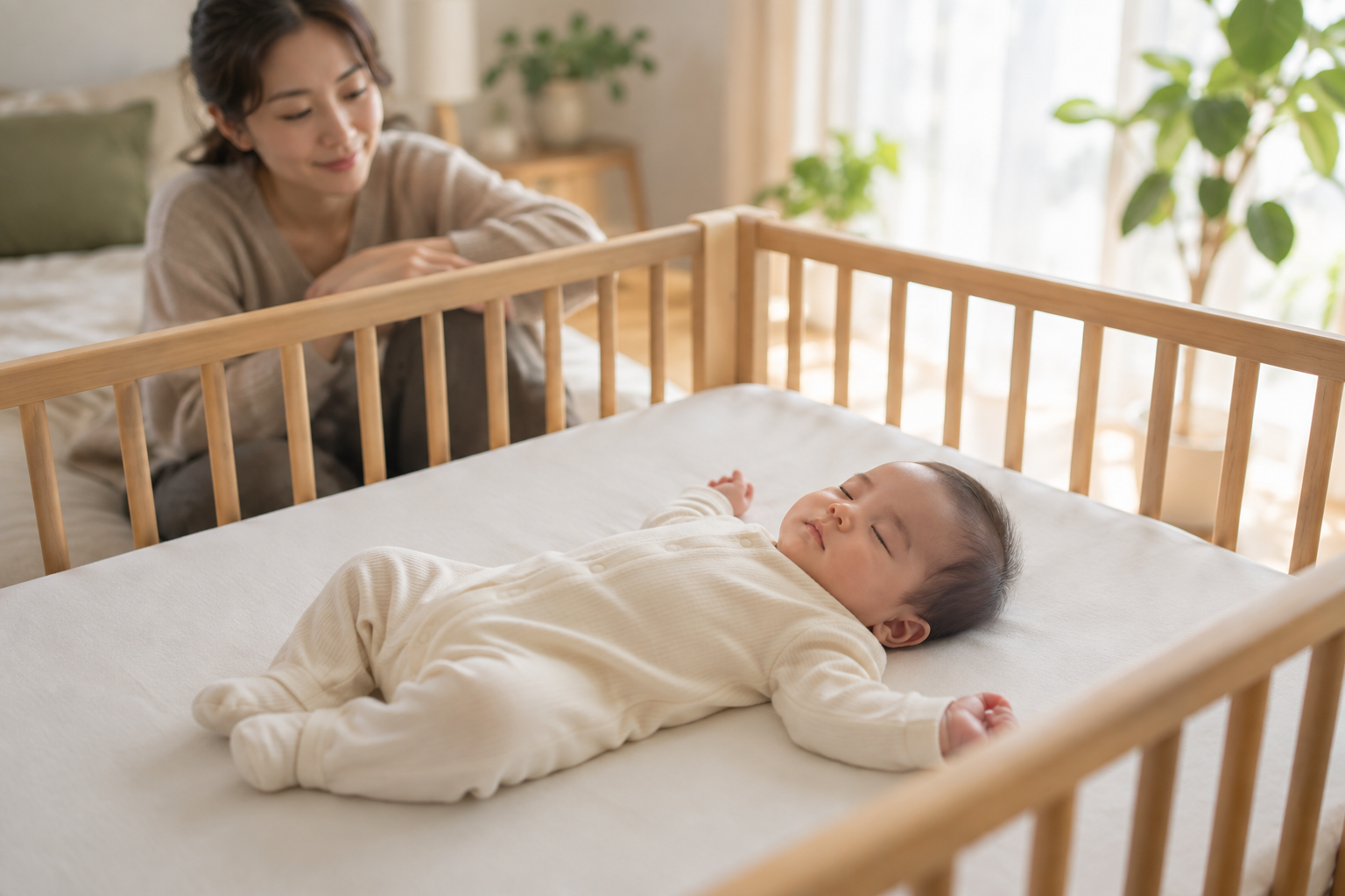 保護者のそばで眠る赤ちゃん