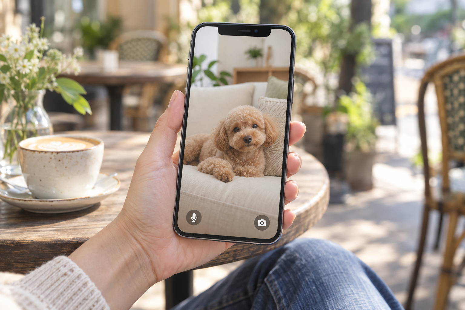 外出先でスマートフォンから自宅のペットの様子を確認するイメージ