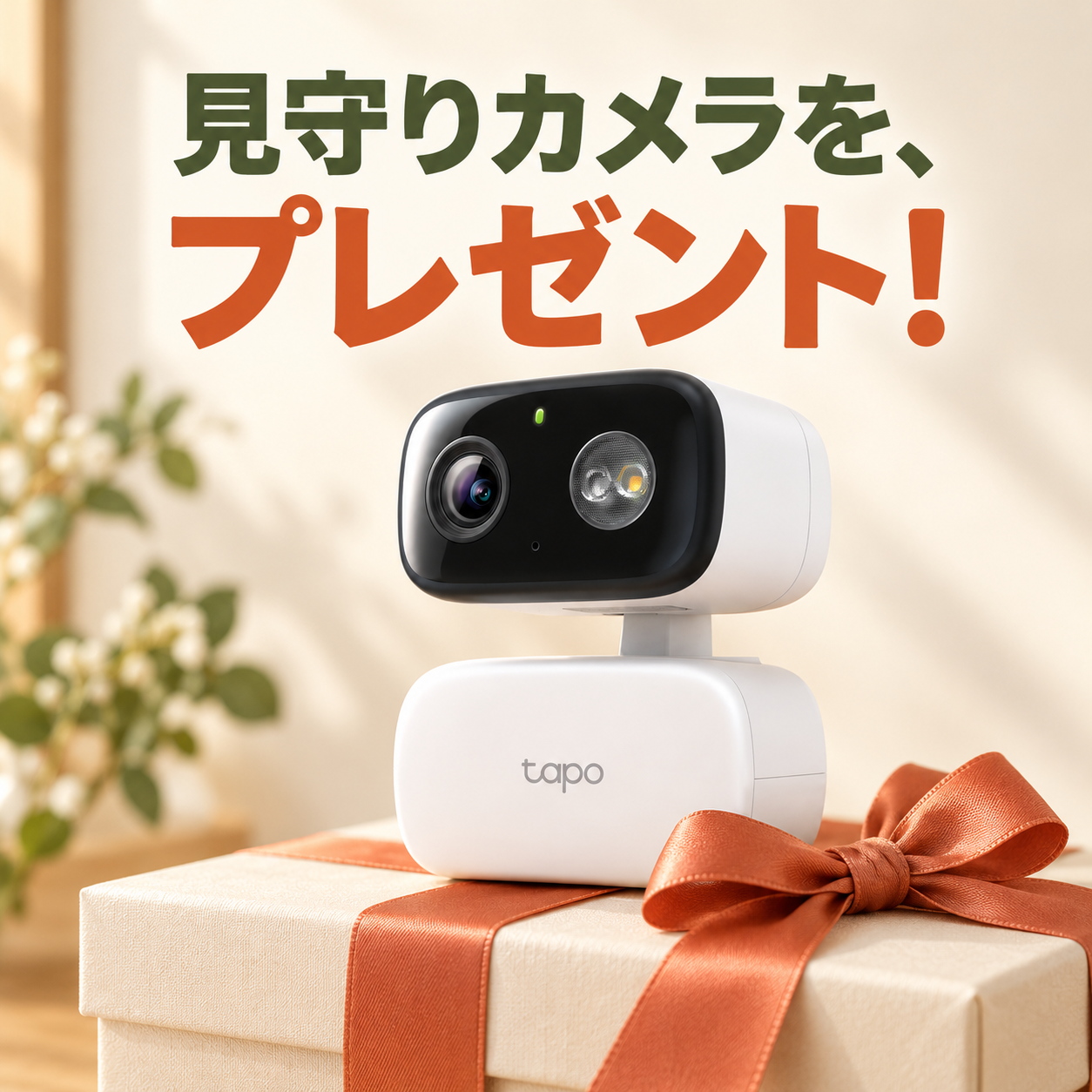 見守りカメラを、プレゼント！ リボンを掛けたギフトボックスに置かれたカメラのイメージ。